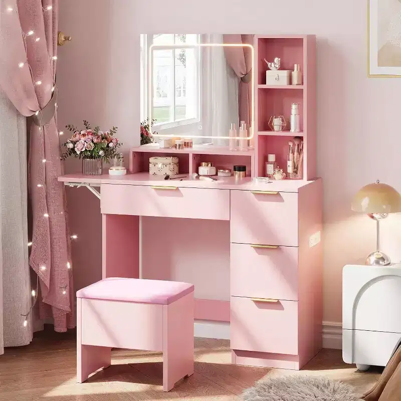Dressing Table Set with Large LED Lighted Mirror with 3 Modes, Wooden Dresser for Bedroom with Power Socket, Drawers, Storage Stool, Pink