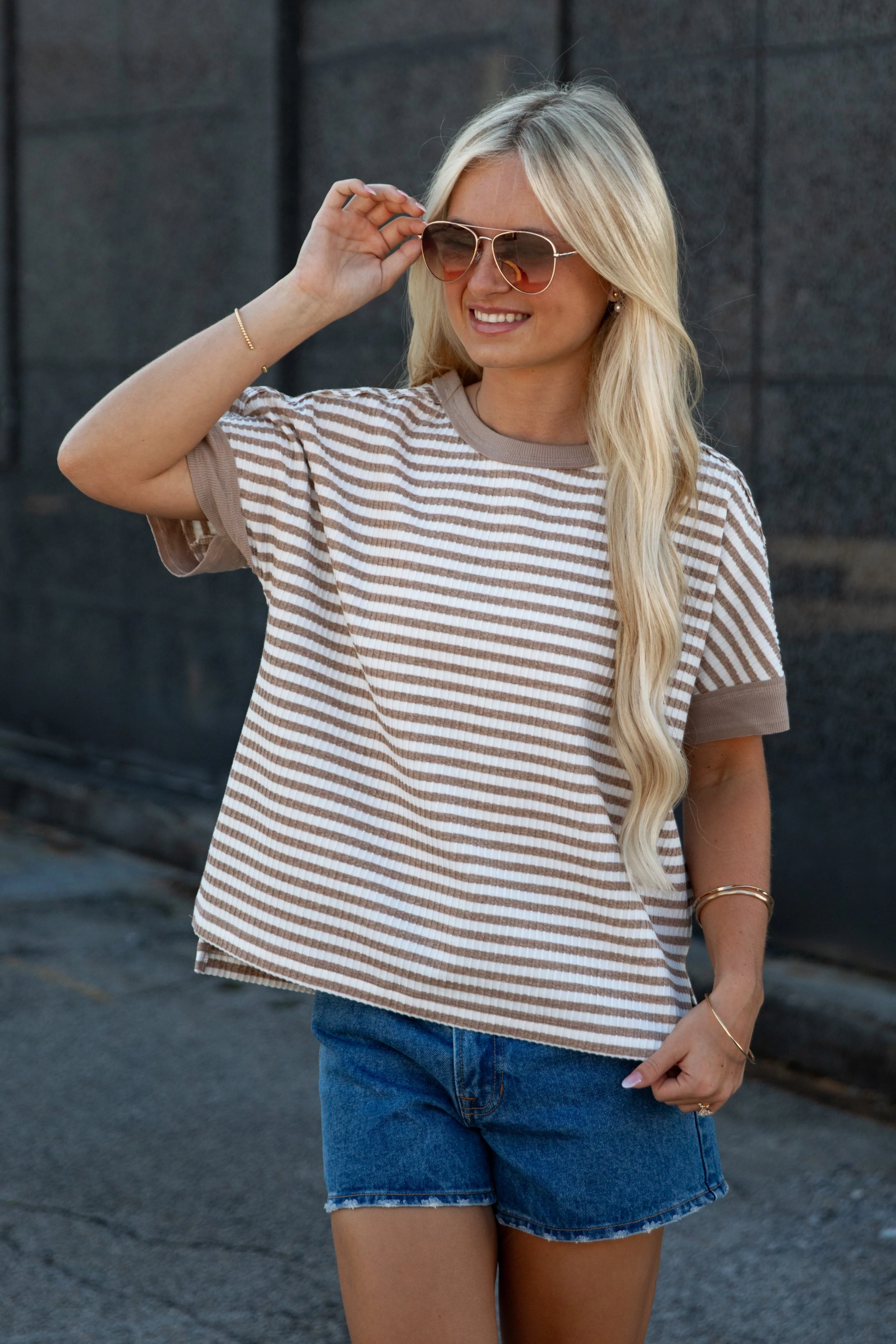 Taupe Stripe Oversized Short Sleeve Top