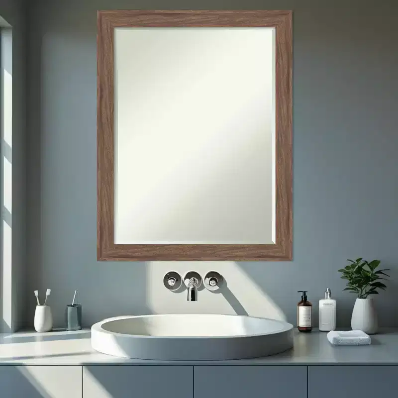 Narrow Petite Bevel Bathroom Wall Mirror, Medium Brown, 27.25 x 21.25 in.