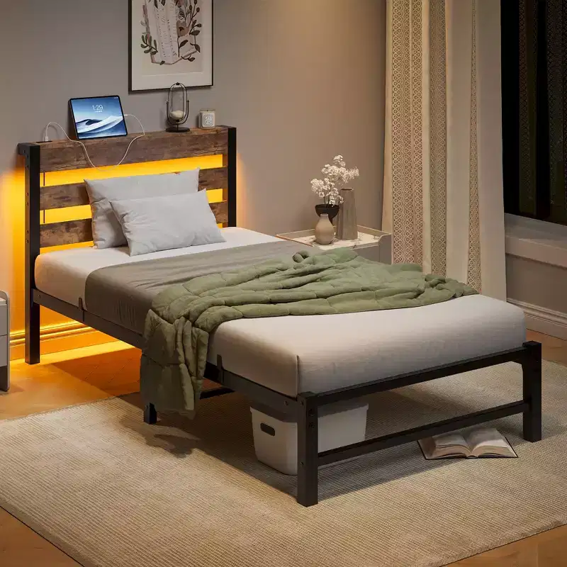 Twin Platform Bed Frame with RGB LED Lights & USB Charging – No Box Spring Needed