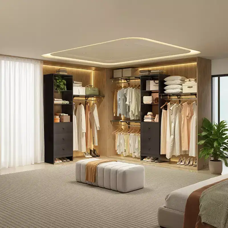 MAYEERTY Black 96x16x75 High-Capacity Wardrobe Rack - 3 Drawers, Shelves, Expandable Rods, Stylish & Durable