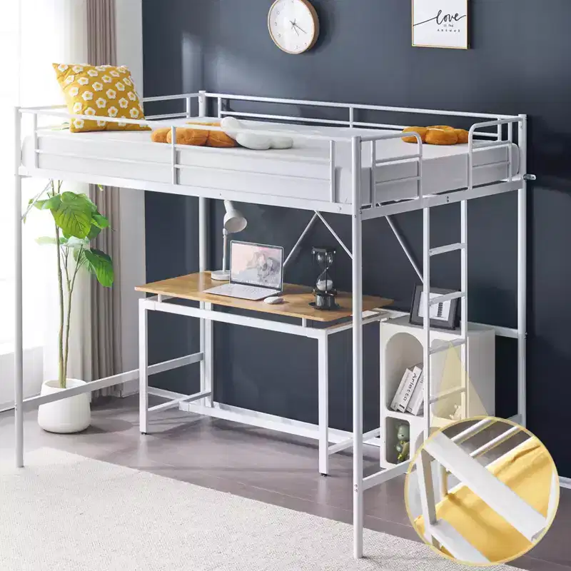 Full Metal Loft Bed for Kids Loft Bunk Bed Frame with Stairs/Flat Ladder Rung,No Box Spring Required, White