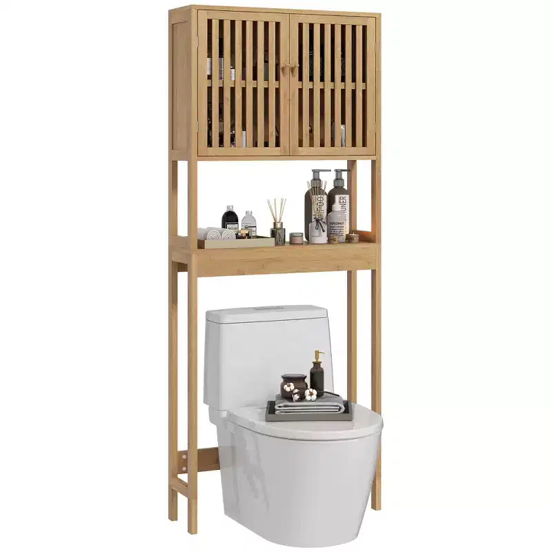 MAYEERTY Bamboo Over the Toilet Storage Cabinet, Over Toilet Bathroom Organizer with Slatted Doors Adjustable Shelf & Open Shelf
