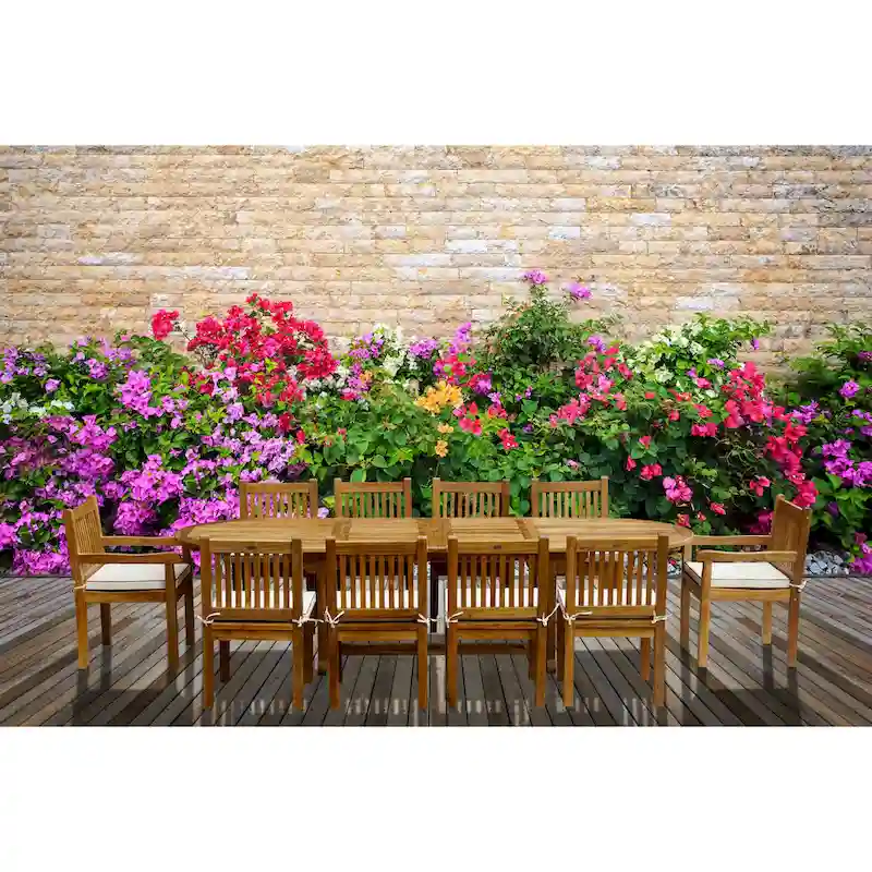 Chic Teak 11 Piece Oval Teak Wood Elzas Table/Chair Set With Cushions