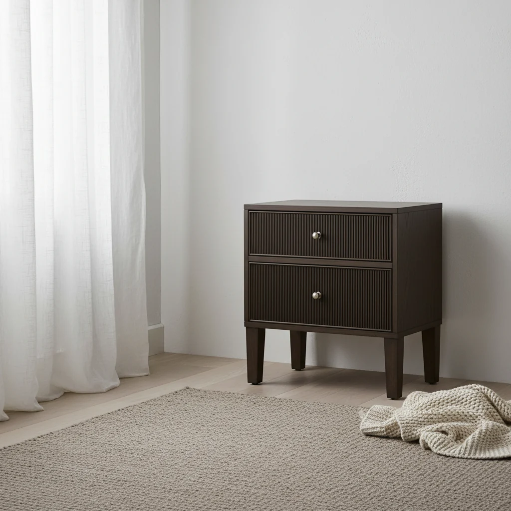 Transitional Solid Oak 2-Drawer Nightstand with Fluted Fronts & Polished Brass Knobs for Bedroom
