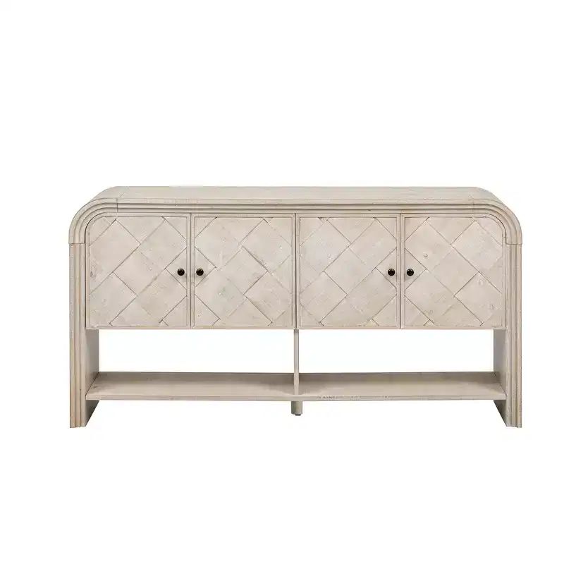 Wood Console Table with Storage Cabinet, Modern Entryway Table with Woven Wood Slats Design for Living Room and Entryway