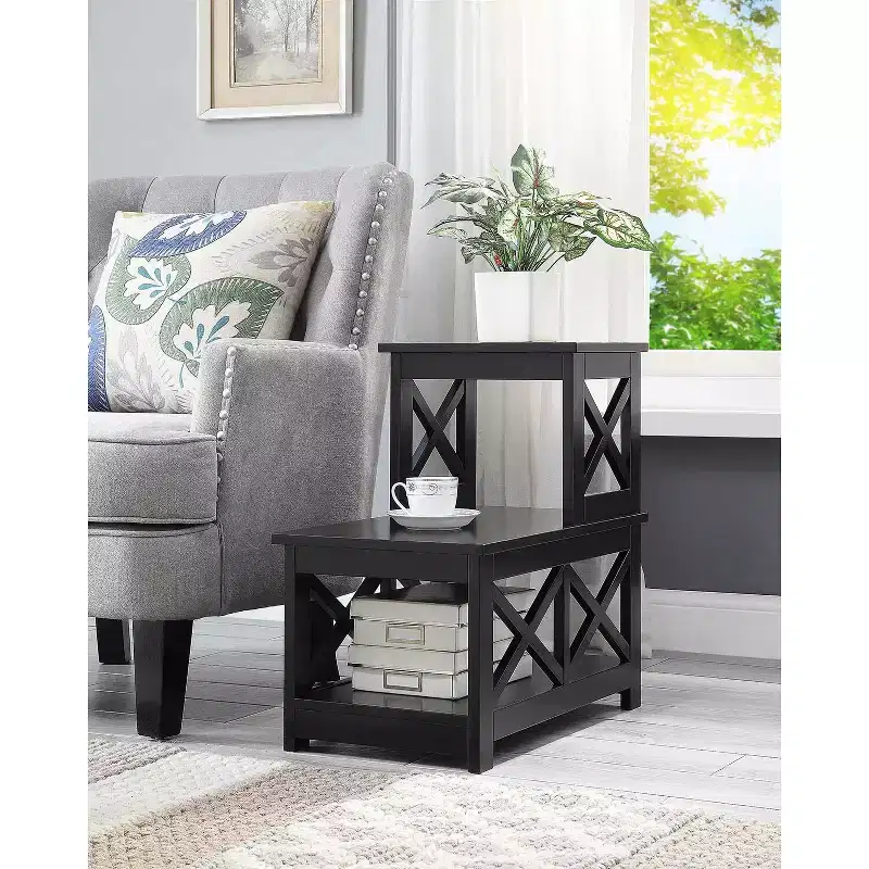 Rectangle Wood Top End Table, Black, L-Design with 3 Shelves