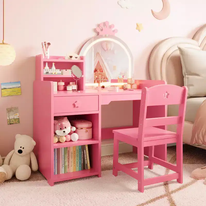 Kids Vanity Table with LED Lighted Crown Mirror, Princess Makeup Vanity Desk with Storage Drawers & Open Shelves, Vanity Set with Chair for Bedroom