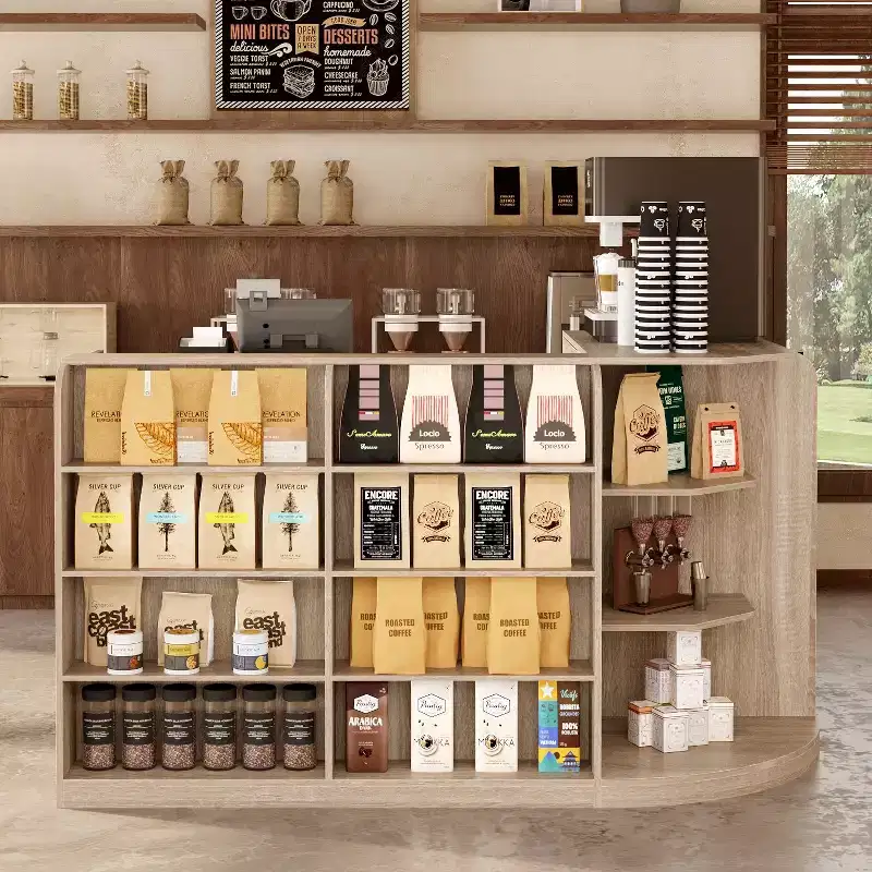 Light Wood Retail Cash Register & Reception Counter with Display Shelves
