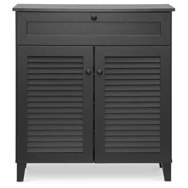 Espresso Shoe Storage Cabinet with Doors & Drawer – Holds 16 Pairs