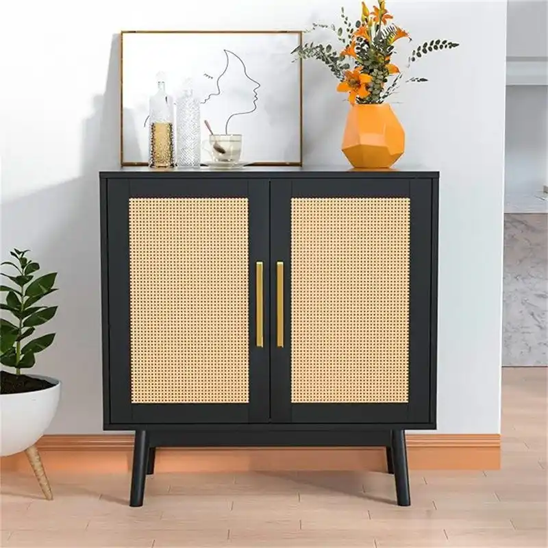 Rattan Buffet Cabinet with Doors and Adjustable Shelves