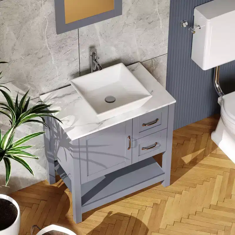 30 Gray Bathroom Vanity and Sink Combo Marble Pattern Top /Mirror Faucet&Drain