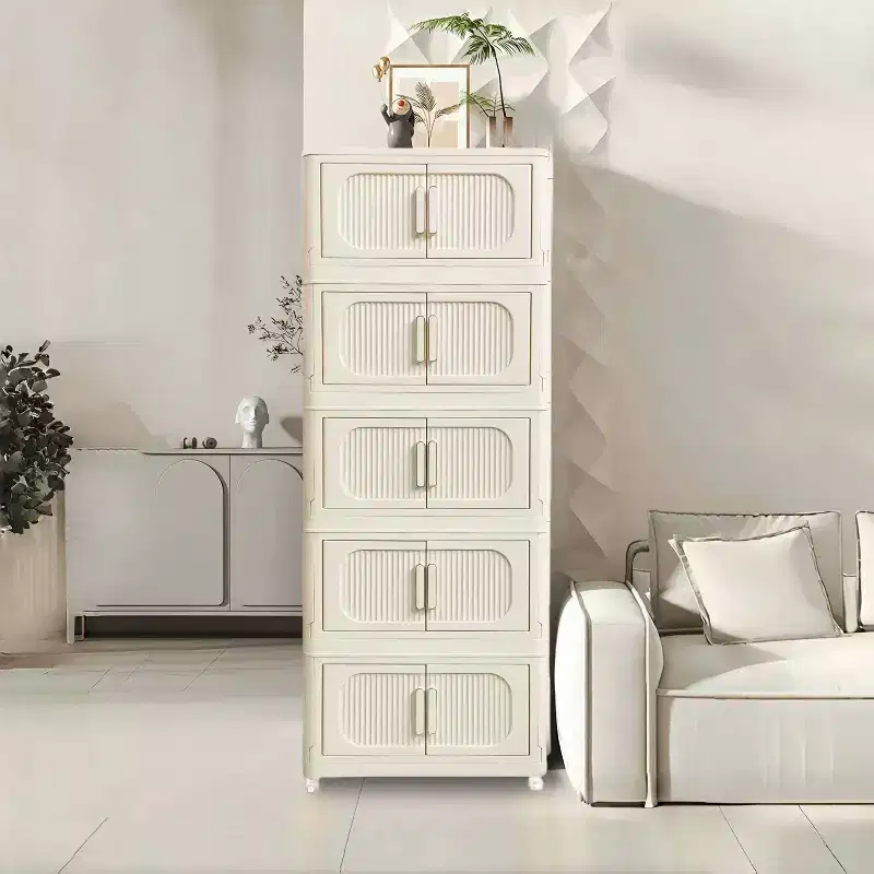 MAYEERTY 19.69 Side 5 Tiers Plastic Folding Stoarge Cabinet with Magnetic Door Wheels Cream White for Living Room