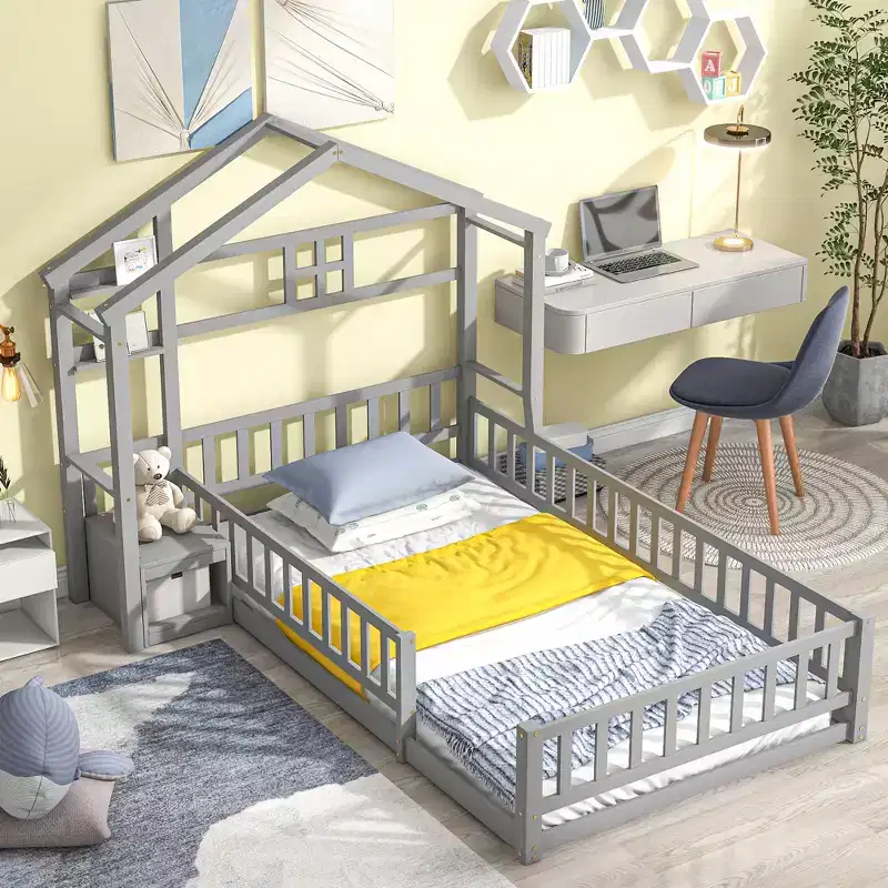 Twin House Shape Headboard Floor Bed with Guardrails Gray