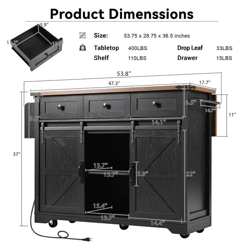 Mairi 54.5 Farmhouse Kitchen Island with Power Outlet