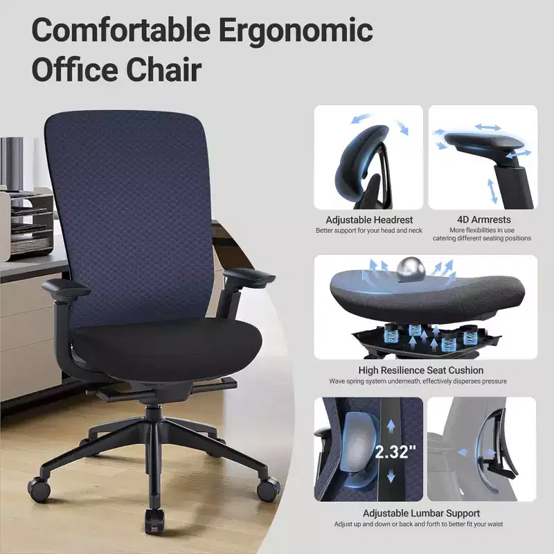 Ergonomic Office Desk Chair,High Back Office Chair with Mesh Back and Adjustable Lumbar Support-DarkBlue