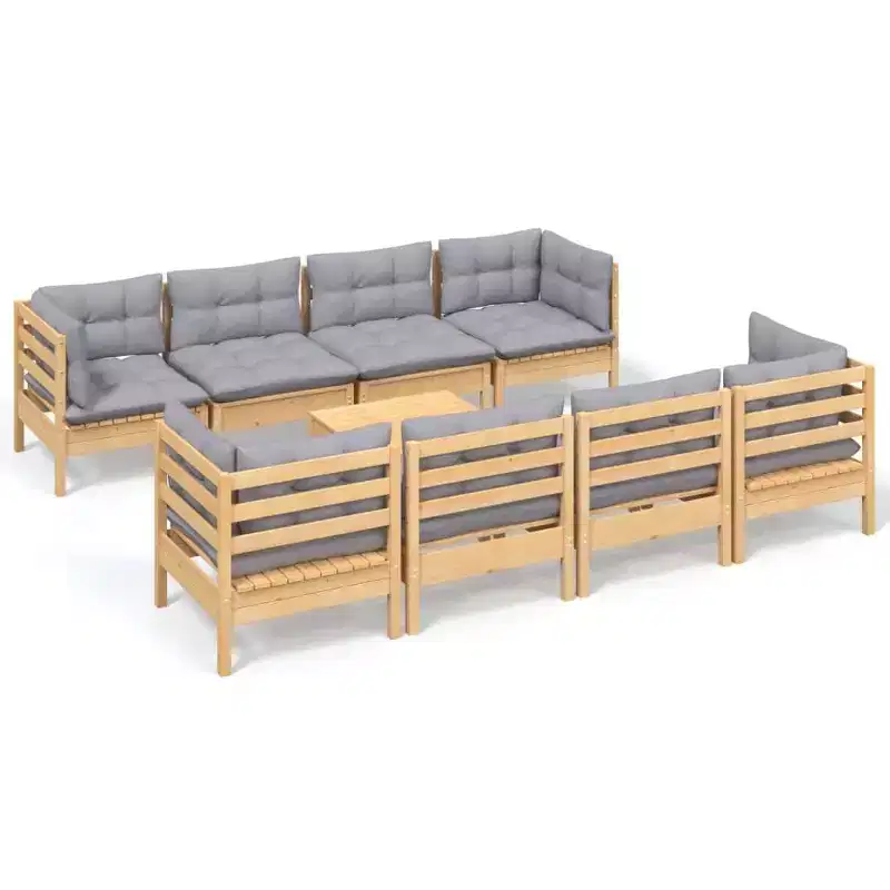 vidaXL Solid Pinewood Patio Lounge Set 9 Piece with Cushions - Brown and Gray