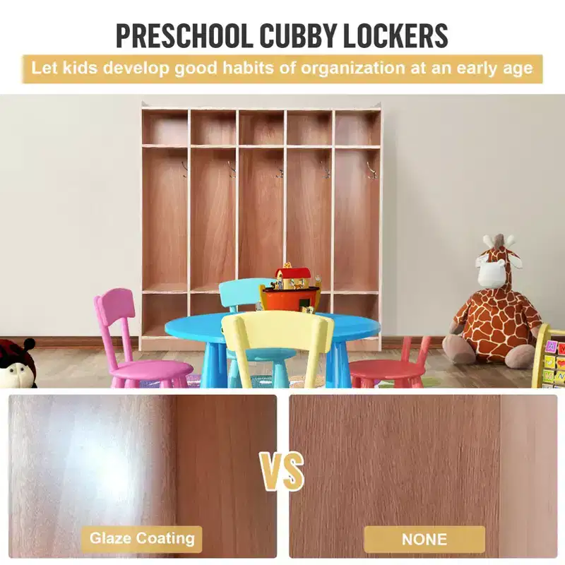 Acekool 5-Section Wooden Coat Locker with Cubbies & Hooks for Classroom, Daycare & Entryway