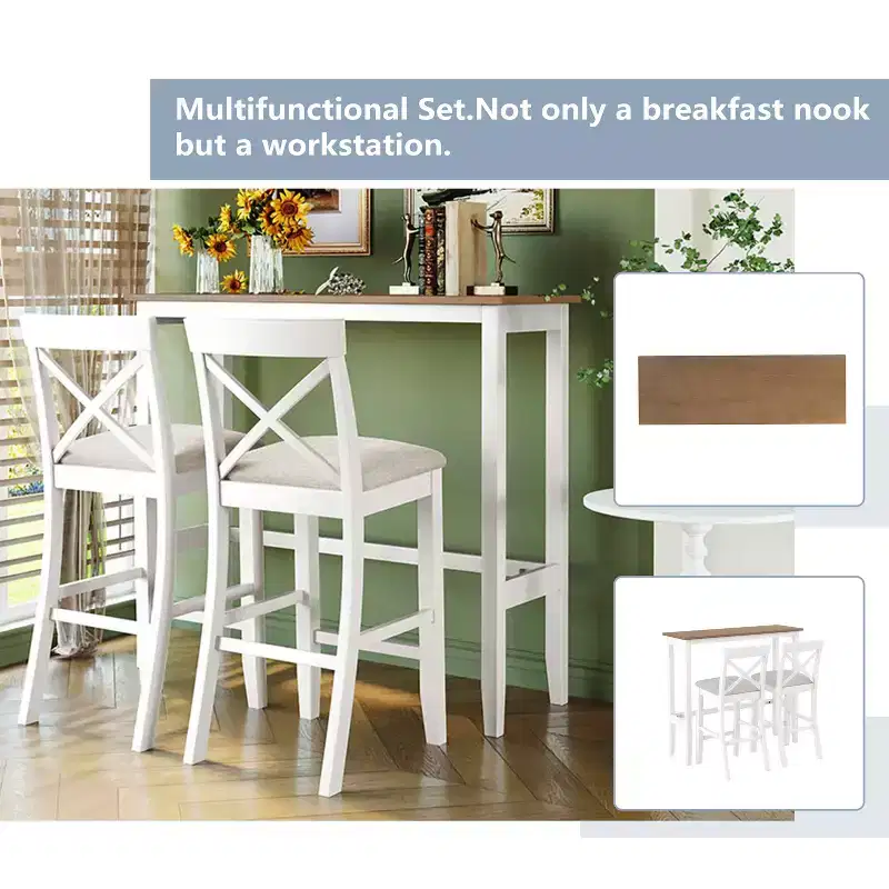 MAYEERTY 48 Farmhouse Wood Bar Height Dining Set, Rectangular Table with 2 Chairs for Small Places, Gray + Beige