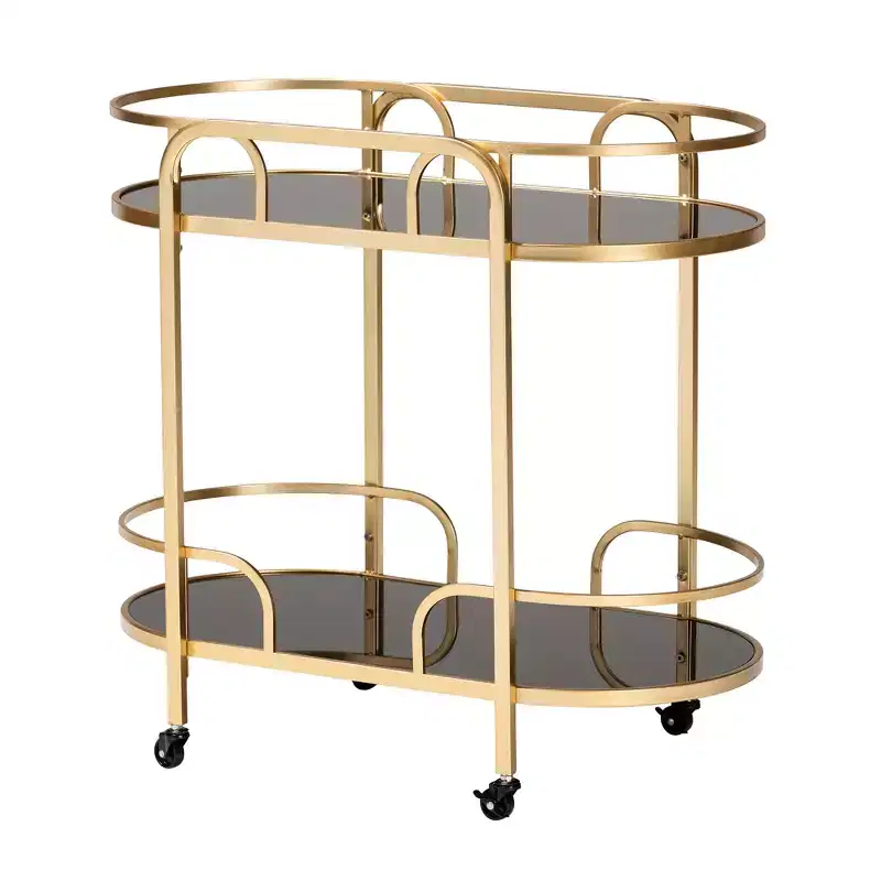 Baxton Studio Leighton Contemporary Glam and Luxe Gold Metal and Tempered Glass 2-Tier Wine Cart