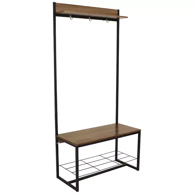 Indoor Industrial-Style Hall Tree Bench with Coat/Shoe Rack - MDP Shelves with Powder-Coated Steel Frame - Brown - 67 in