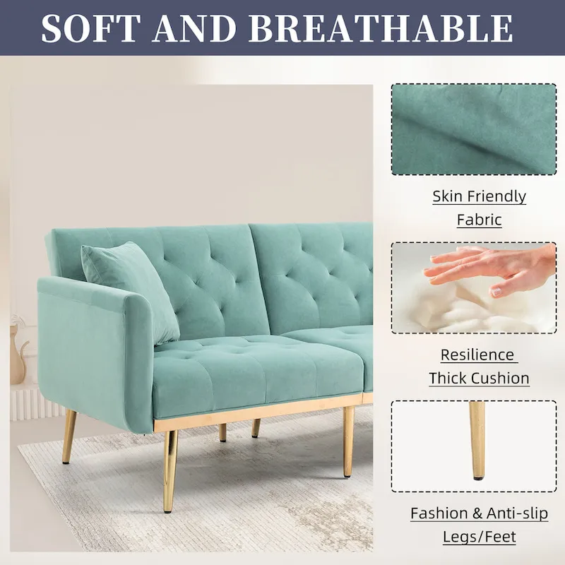Velvet Upholstered Tufted Loveseats Sleeper Sofa With Rose Golden Legs