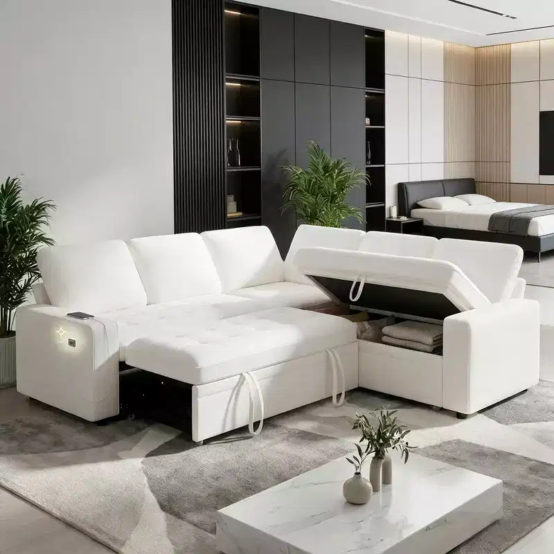 Dyonery 5-Seat Modular Sectional Sofa Bed, L-Shaped Sleeper Couch with Recliner, Storage, USB Ports & Chenille Fabric, for Small Spaces