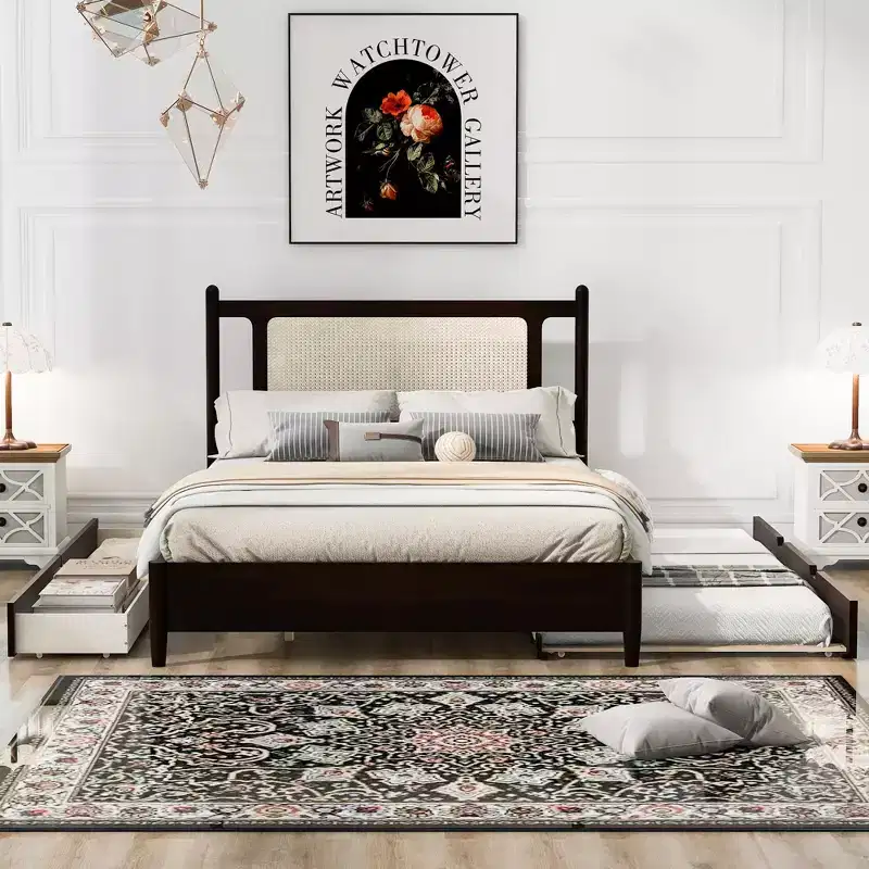 Queen Size Rattan Platform Bed with Trundle, Queen Wooden Bedframe with 2 Big Storage Drawers