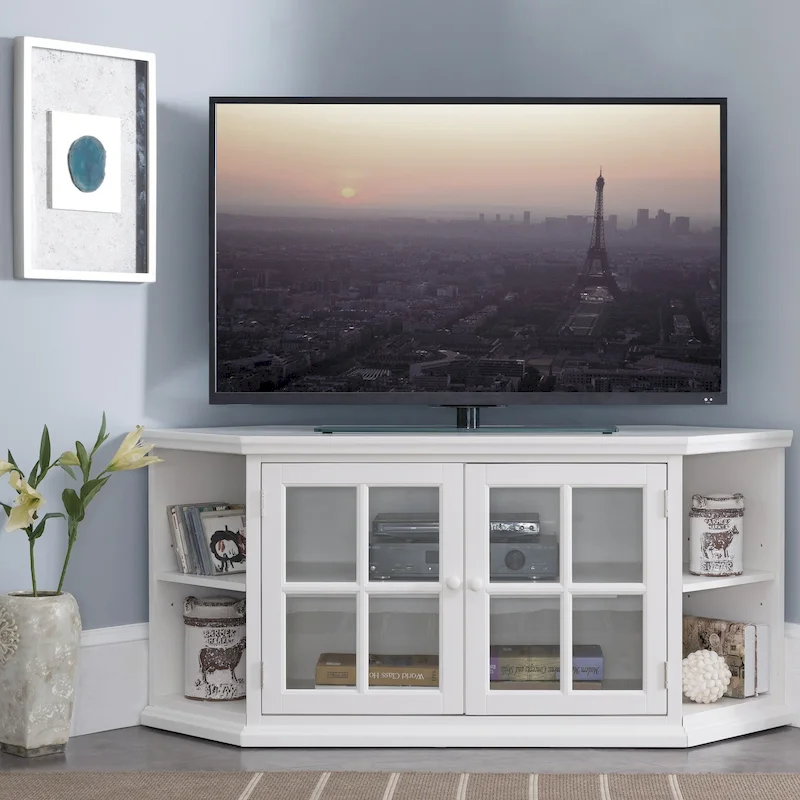 Cottage White Corner TV Stand with Bookshelf Storage