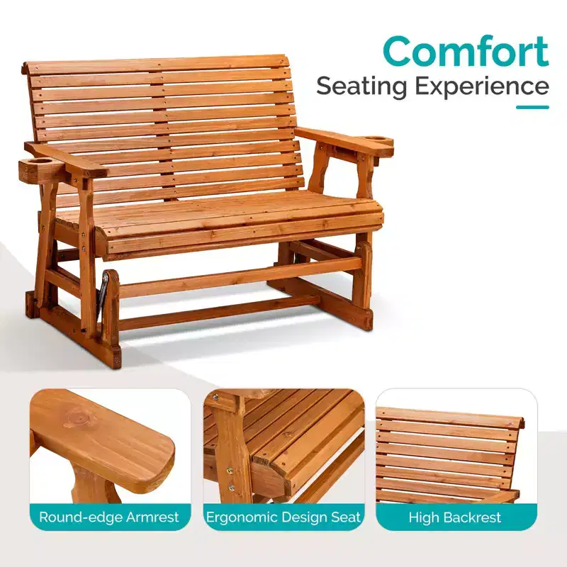 Karl Home | 48 in. Solid Wood Patio Glider Bench with Cup Holder
