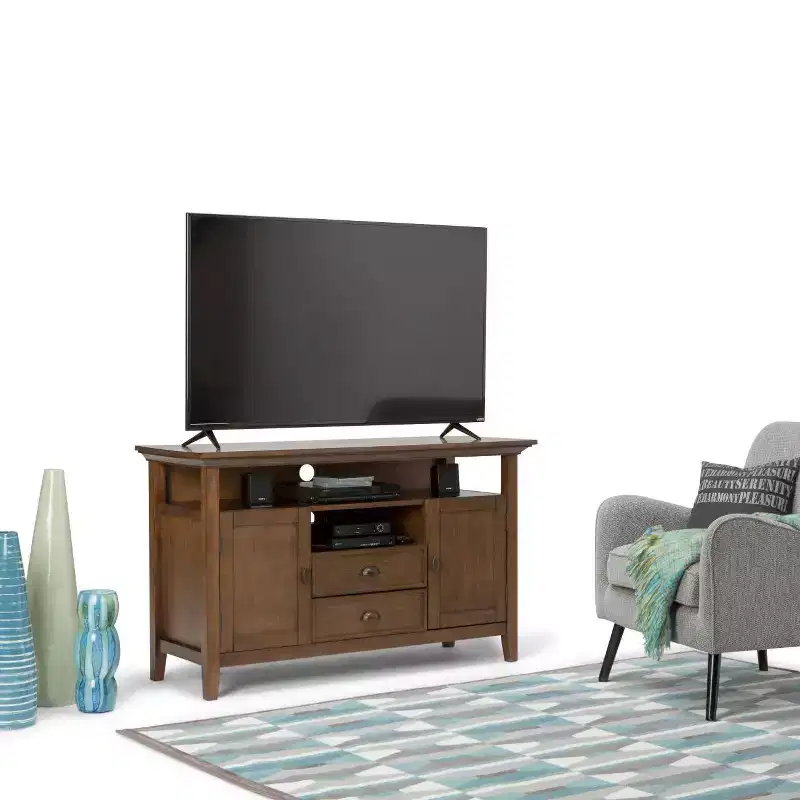 Solid Wood TV Stand for TVs up to 60'', Rustic Natural Aged Brown, Brass Hardware, Media Storage