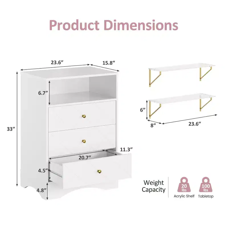 Dresser with Drawers & Floating Shelves, 3 Drawer Dresser with Open Storage & Painted Finish, for Bedroom, Closet, Hallway
