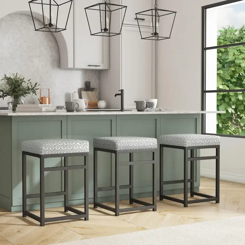 Backless Industrial Metal Counter Stool, 24in Seat Height, Textured Weave Fabric, Black Finish