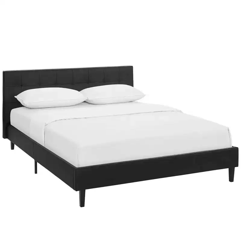 Faux Leather Platform Bed Full Black – Tufted Headboard, Reinforced Support