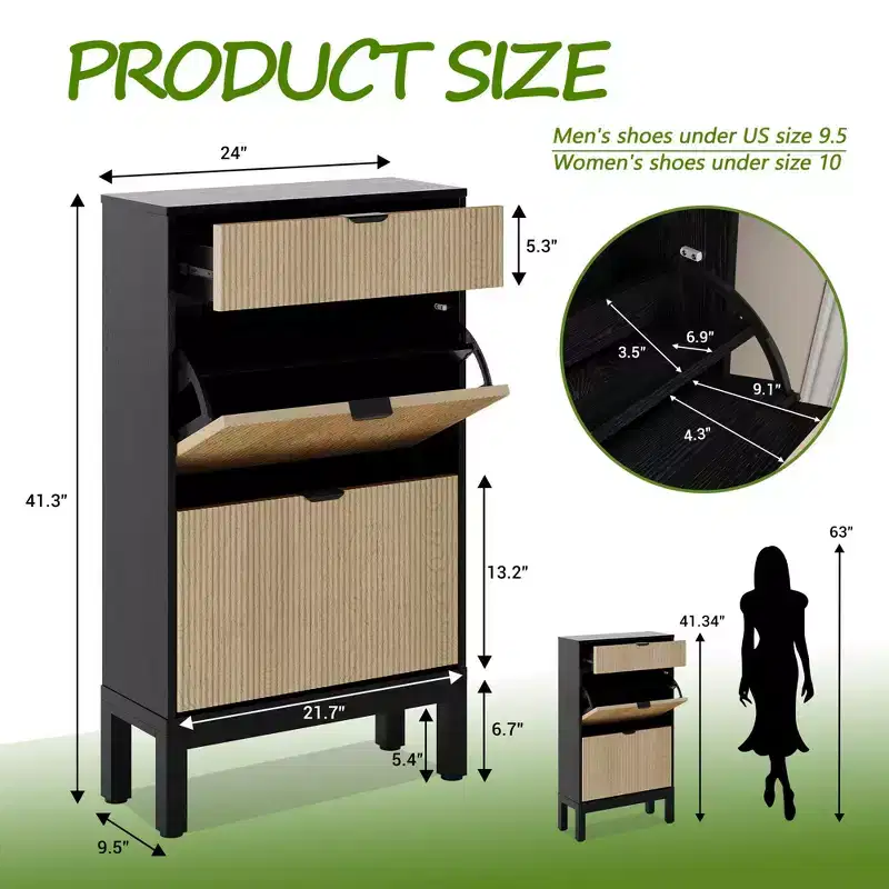 Fluted Shoe Cabinet with 2 Flip Drawers, Freestanding Hidden Slim Narrow Shoe Rack with Adjustable Shelves for Entryway