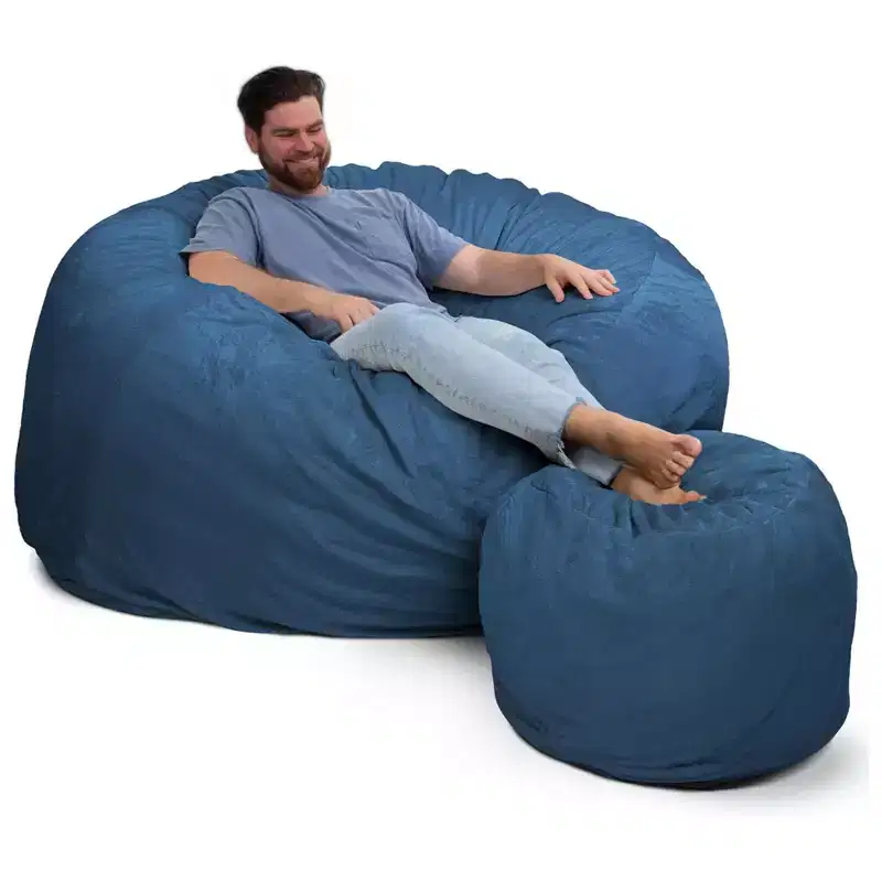 Ultimate Sack 5 Ft Foam Filled Fur Covered Bean Bag Chair w/Footstool, Cloud