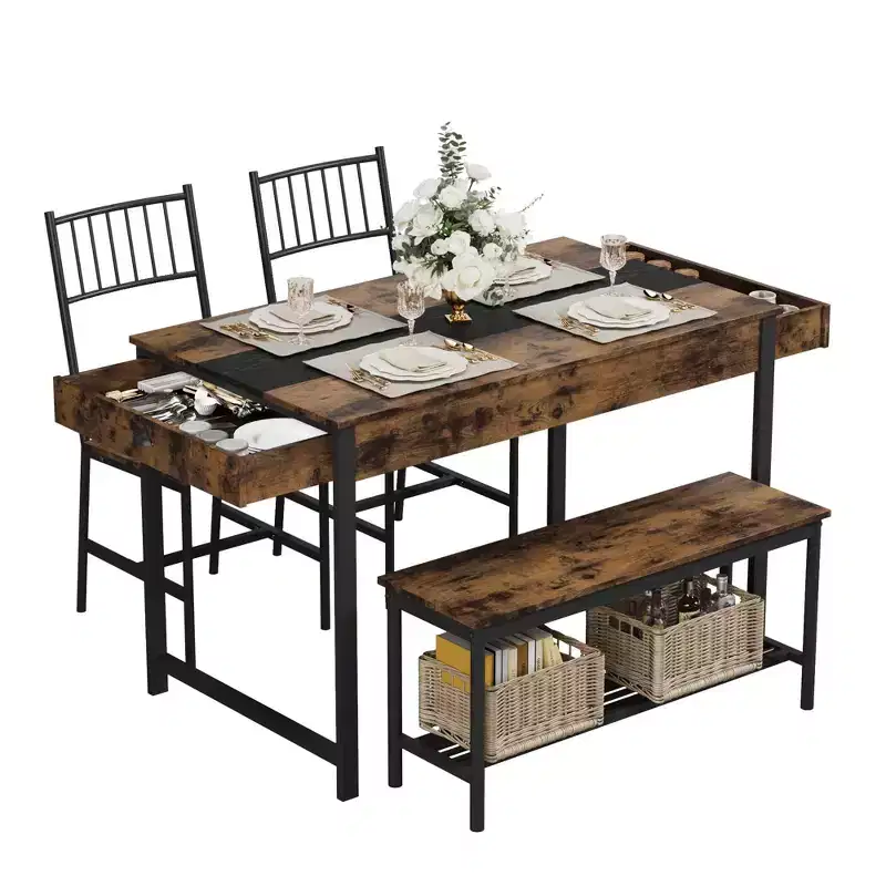 Dining Table for 4, Small Kitchen Table and 2 Chairs for 4 with Bench, Rectangular Farmhouse Table