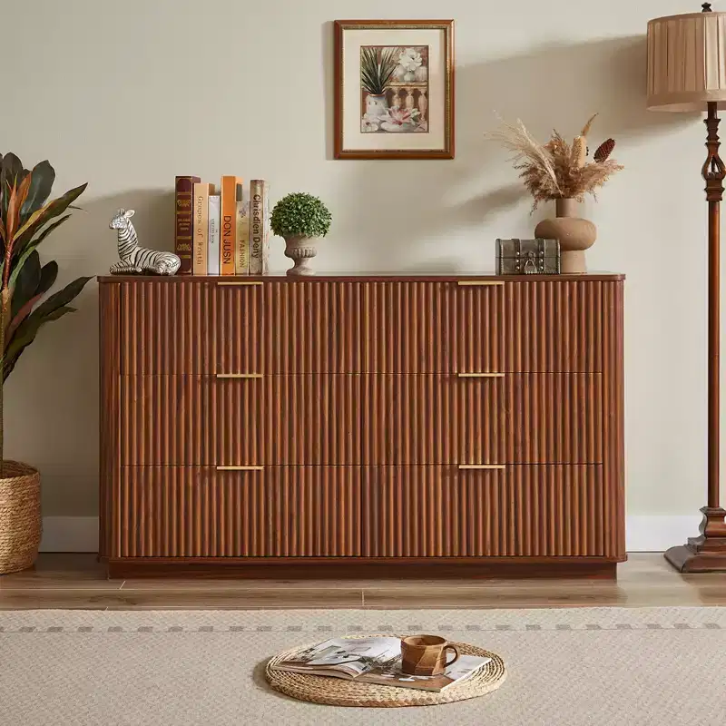 JVNOXK 55-inch Modern 6-Drawer Dressing Table, Curved Wave Design, for Bedroom or Living Room, Wooden Storage Cabinet, Walnut