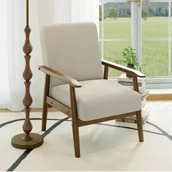Mid-Century Modern Linen Accent Chair with Solid Wood Frame, Off White
