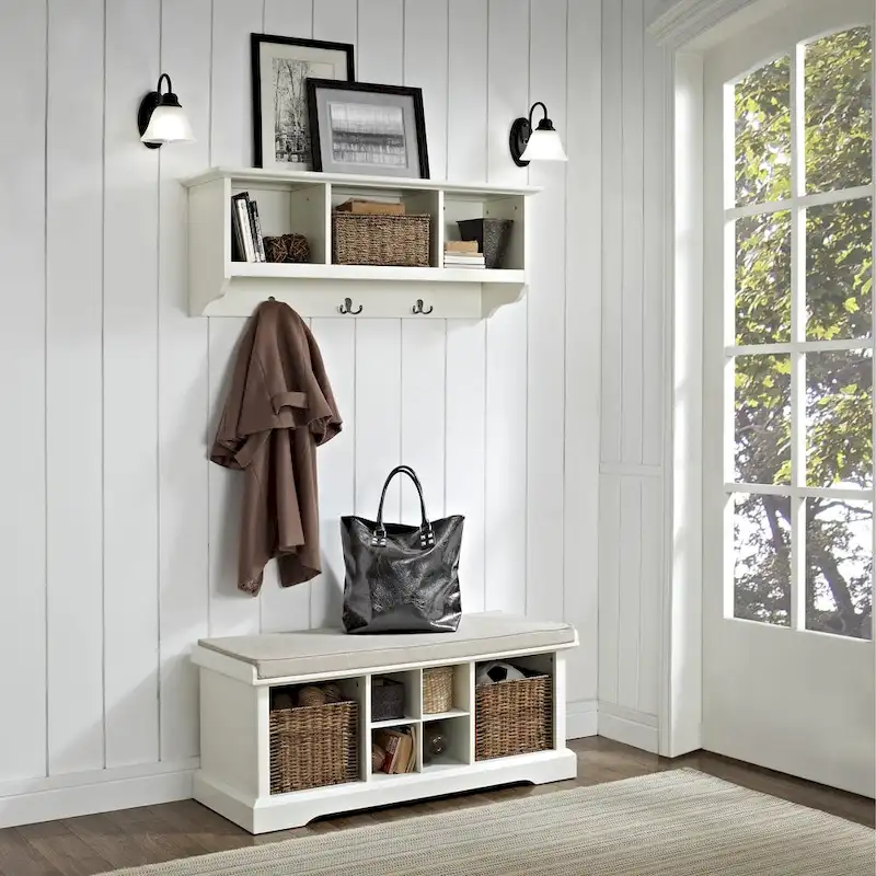 White Wood 2-Piece Entryway Bench and Shelf Set - 41.5W x 18.25H x 15D