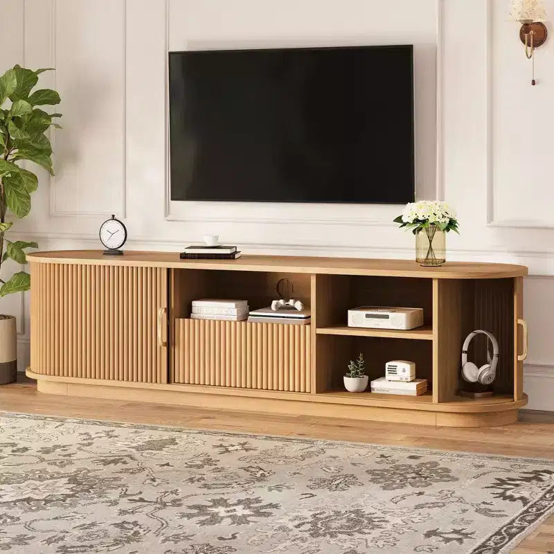 Vintage Rustic TV Stand with Sliding Wood Slatted Doors, 75 Farmhouse Fluted Media Console with Drawer (Natural Wood Grain)