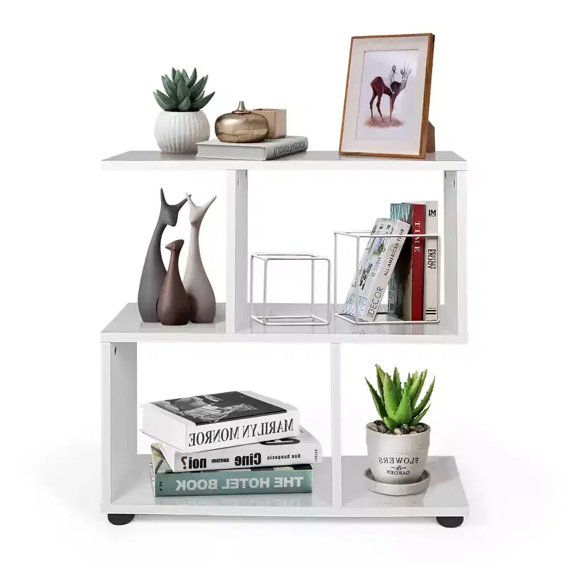 2-Tier S-Shaped Bookshelf Bookcase Storage Rack Display Shelf with Thick Foot Mats