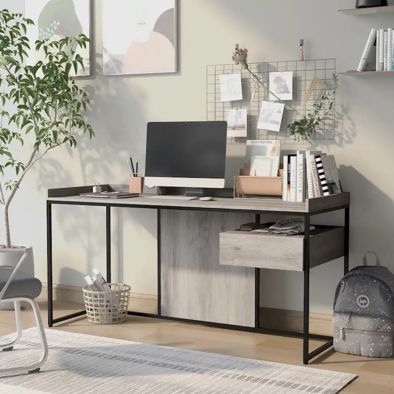 Industrial 63 Inch Steel Computer Desk with USB Ports and Drawer