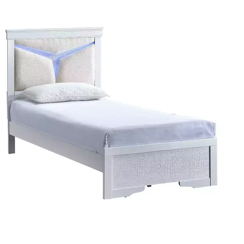 Passion Furniture Lorana Sparkling White Wood Frame Twin Panel Bed with LED Lighted Headboard