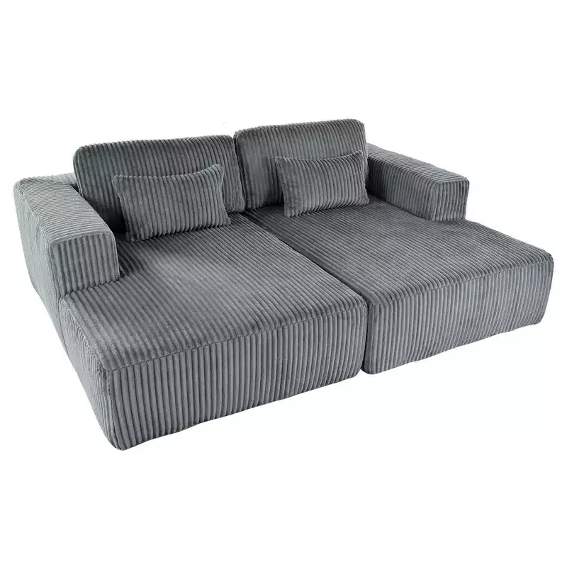 Corduroy Double Sofa Bed with 2 Pillows and Square Armrests
