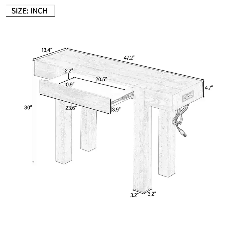 Rustic Wood Console Table with Hidden Drawer and Side Power Outlet for Entryways, Living Rooms and Home Offices