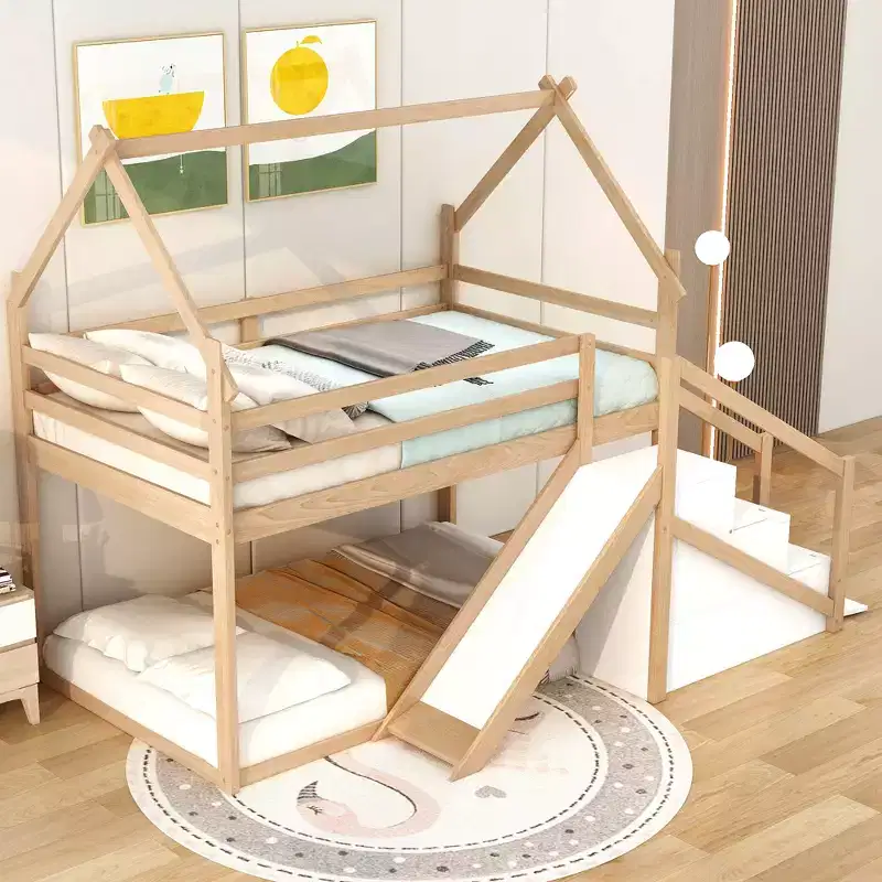 Twin over Twin Kids' House Bunk Bed with Slide, Stairs & Storage - Solid Pine & MDF, Space-Saving Fun