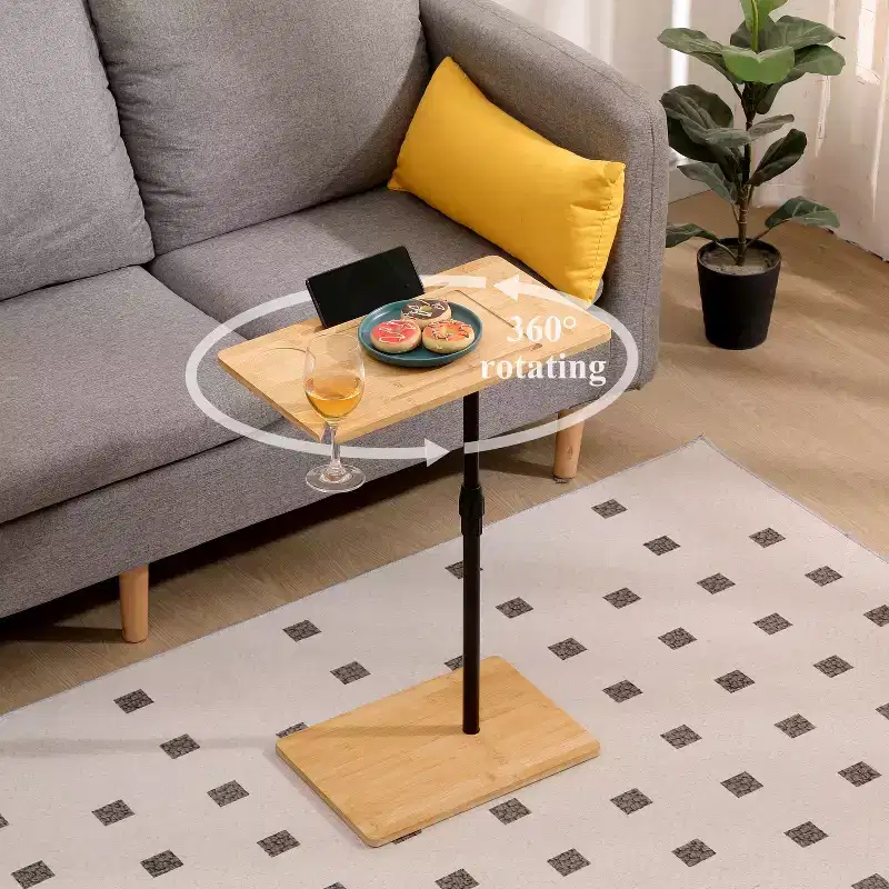 Bamboo Height Adjustable C-Shape Side Table with Phone Slot & Wine Glass Holder
