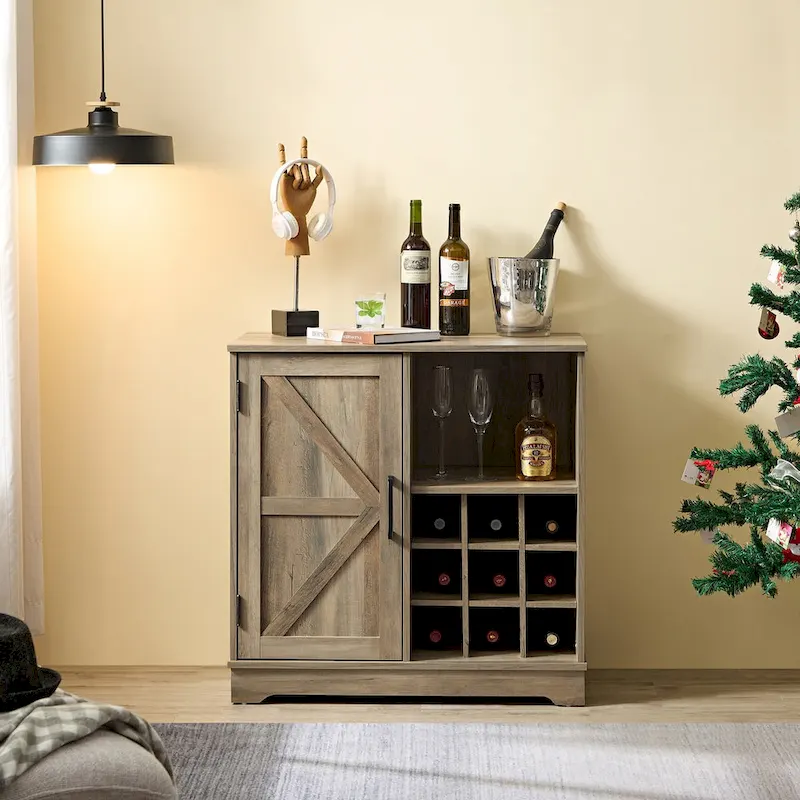 Coffee Bar Cabinet with Wine Rack Barn Door Buffet Sideboard with Drawer, Adjustable Storage Shelves, Living Room, Dining Room