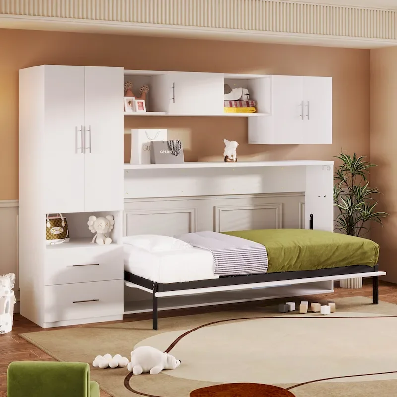 White Twin Murphy Wall Bed with Wardrobe, Desk & Storage – Sleeps 1